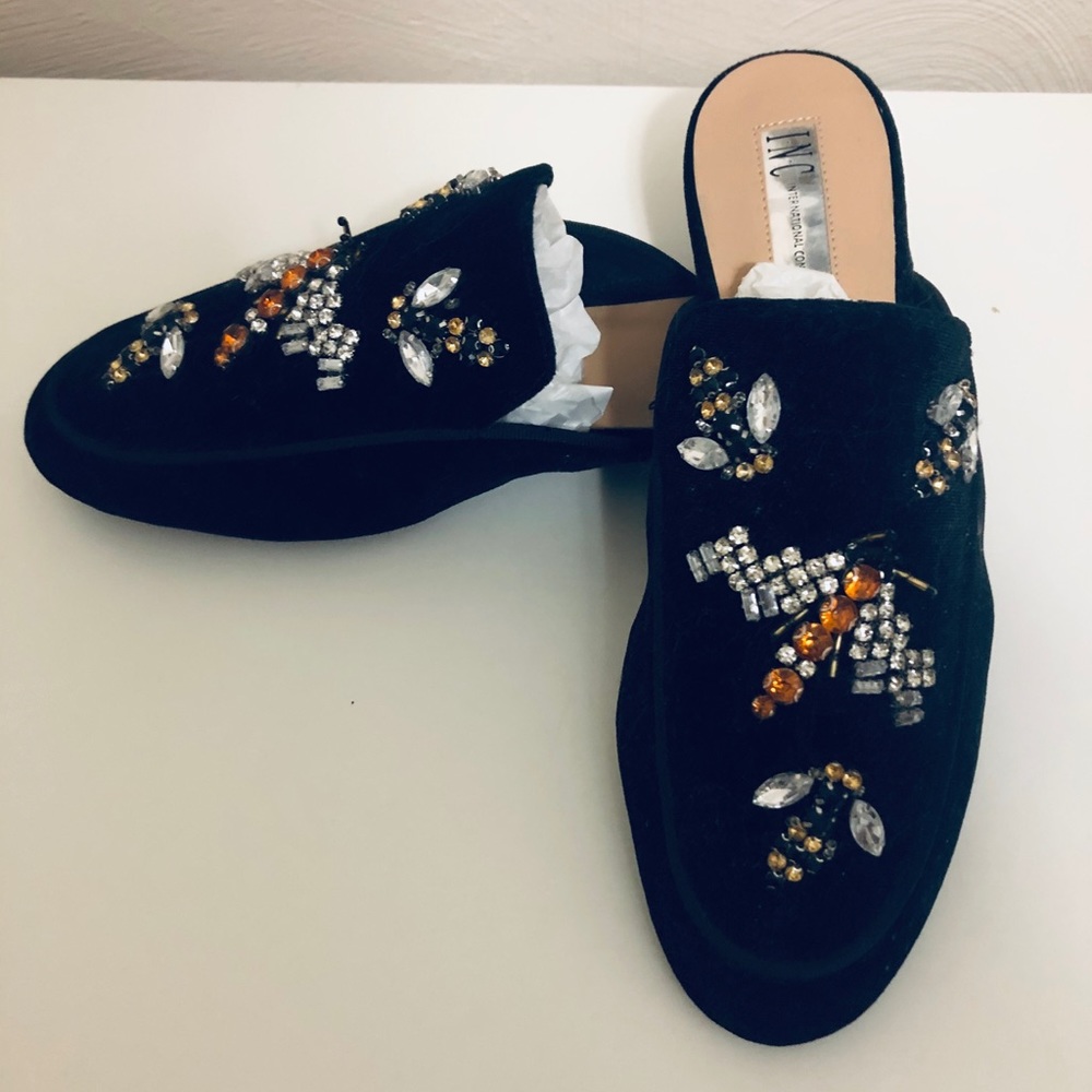 Embellished black velvet slides